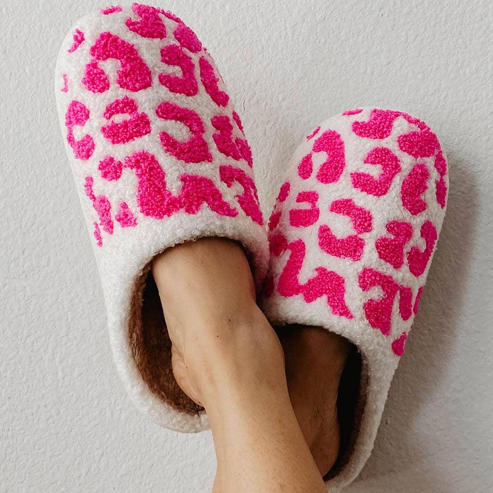 Hot Pink Leopard Slippers for Women: White / S/M