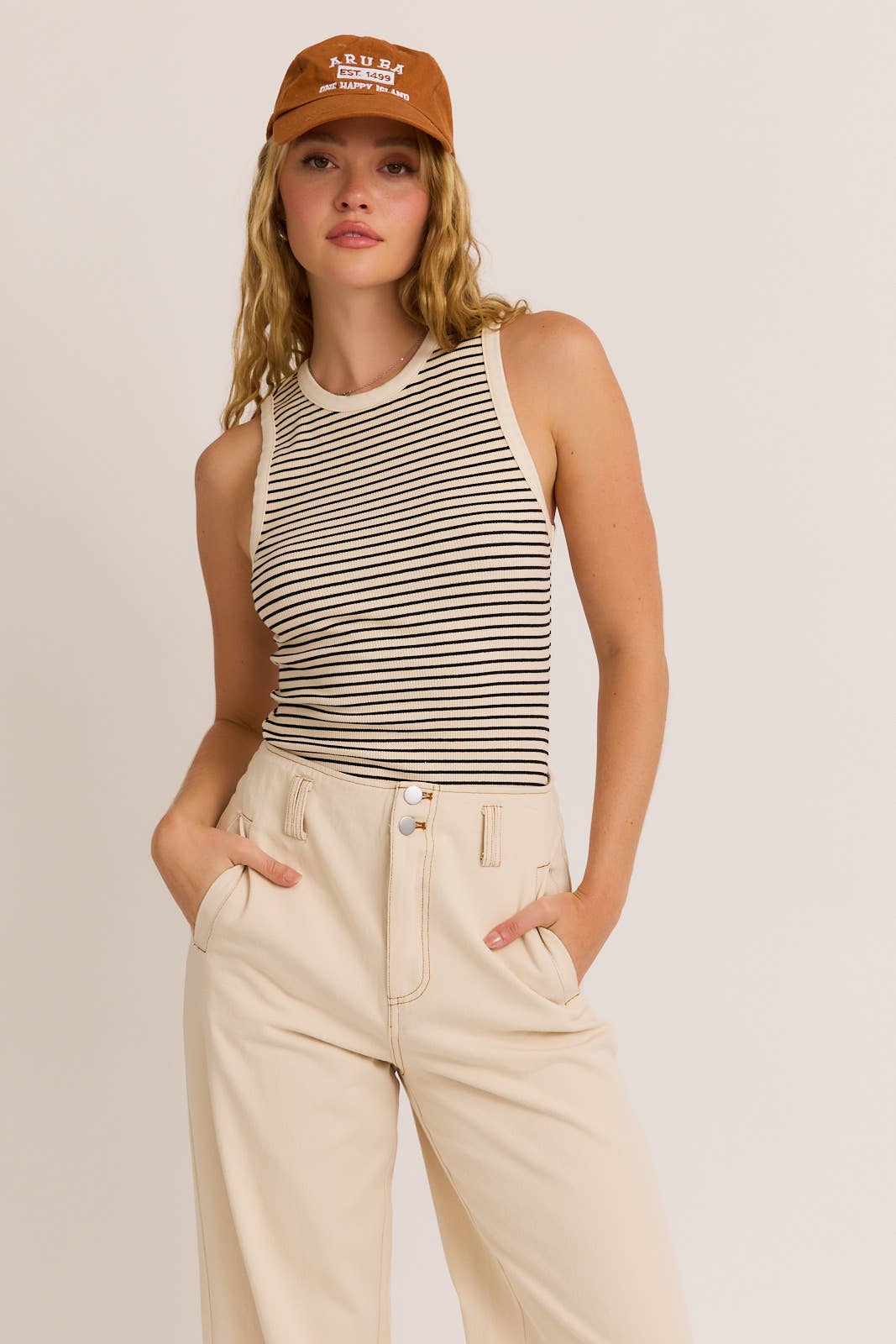 ROUND NECK SLEEVELESS STRIPE BODYSUIT: OLIVE-NAVY STRIPE / M