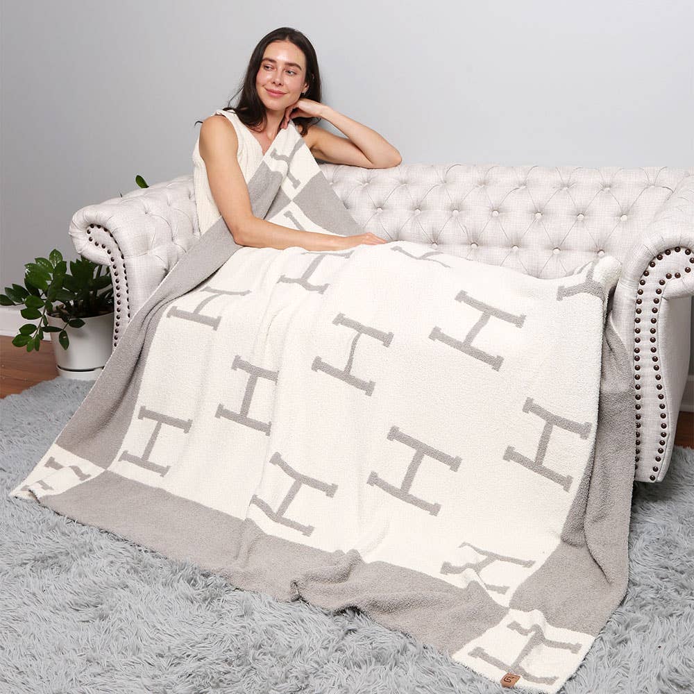H Initial Monogram Patterned Reversible Throw Blanket: Black faux Hermes