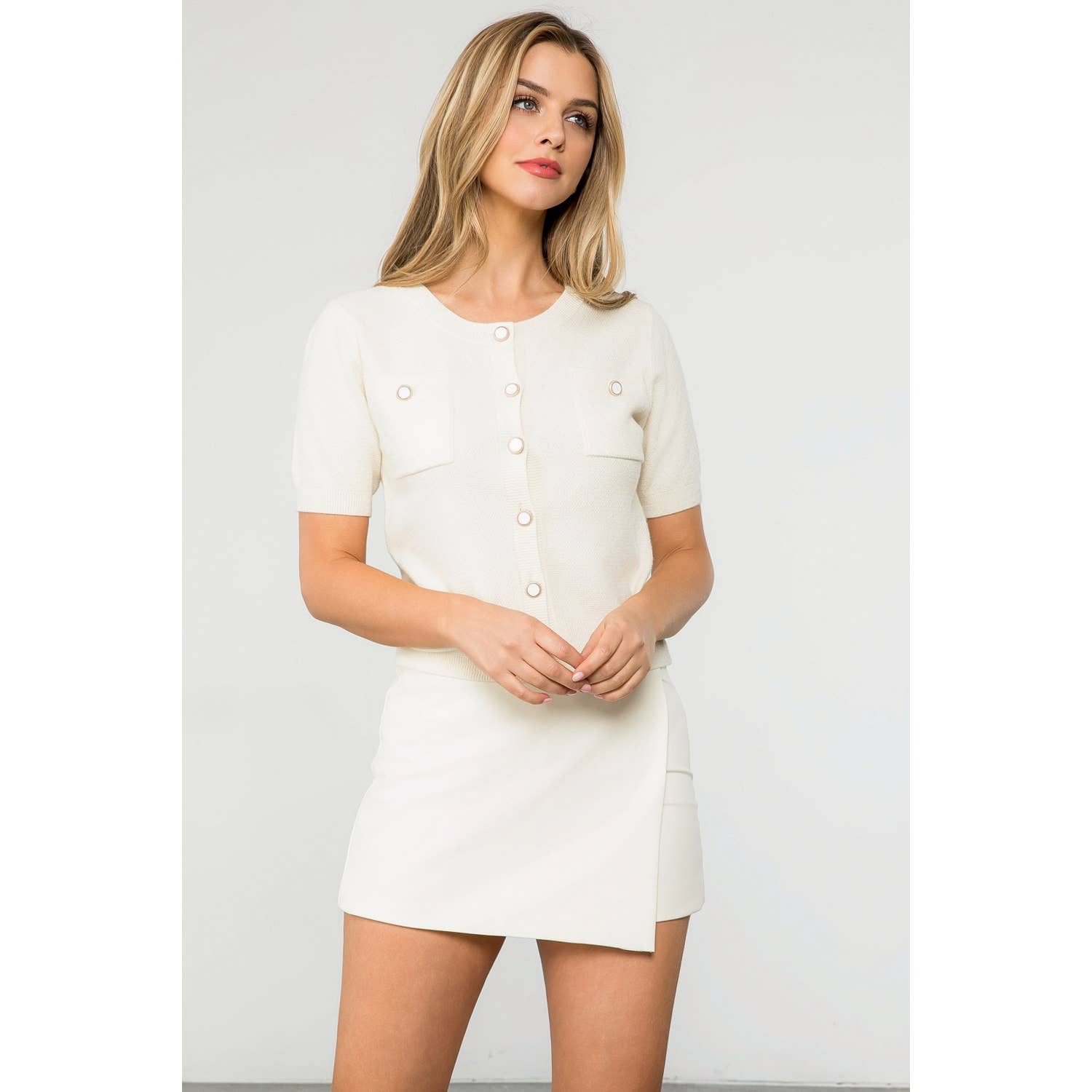 Short Sleeve Button Up Knitted Top: PINK / XS-S-M-L(1-2-2-1)