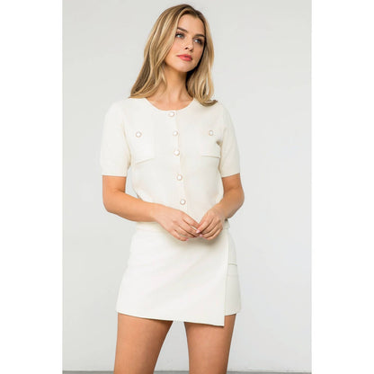 Short Sleeve Button Up Knitted Top: PINK / XS-S-M-L(1-2-2-1)