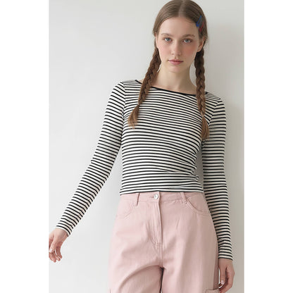 Open Back Striped Long Sleeve Fitted Cotton Tee: WHITE/NAVY