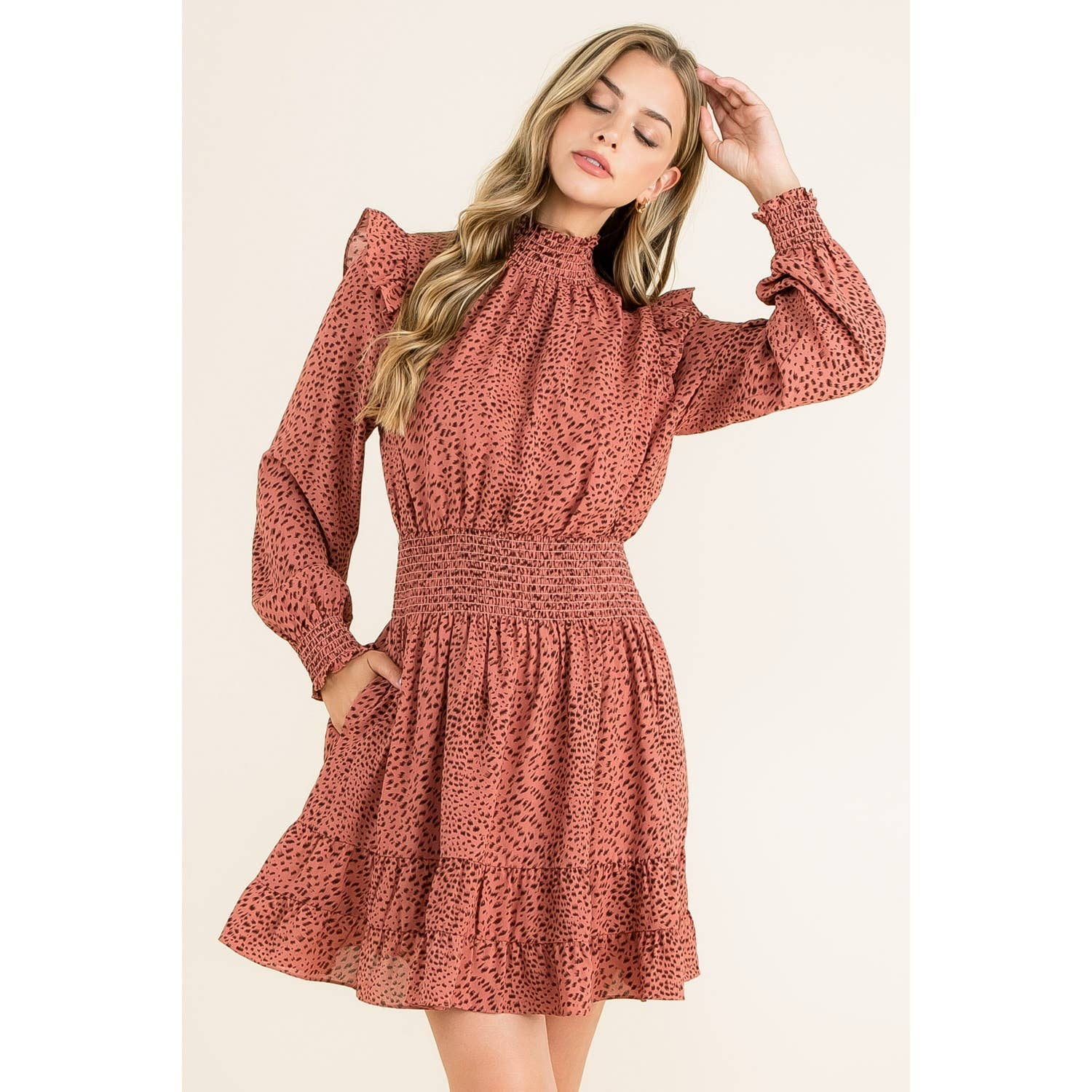 Smock Neck Ruffle Dress: MAUVE / S