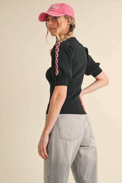 HAND-MADE CROCHET PUFF SLEEVE SWEATER: Black