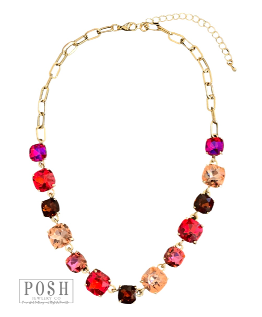 Square rhinestone and chain necklace: Pink