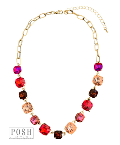 Square rhinestone and chain necklace: Pink