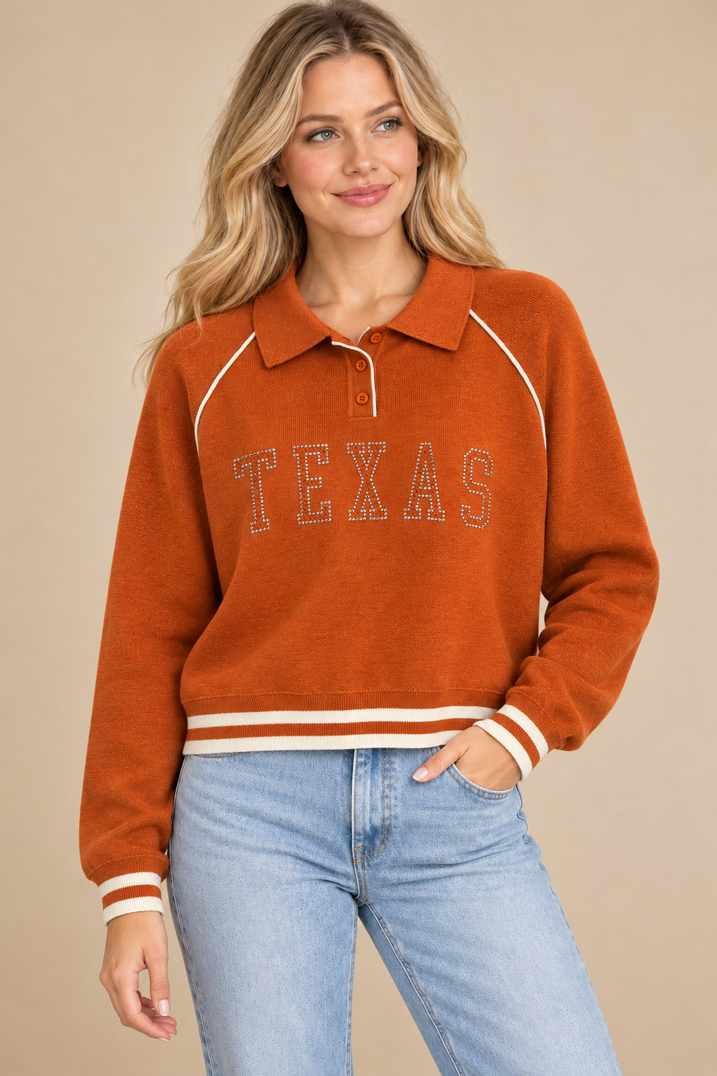 TEXAS Rhinestone Polo Sweater: ORANGE/WHITE SIZE SMALL