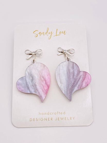 VALENTINE PINK SHIMMER WITH SILVER BOW HEART EARRINGS