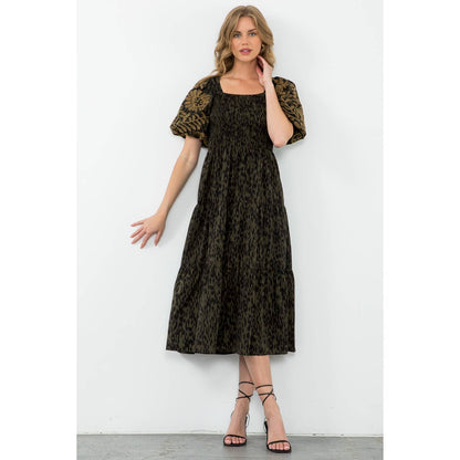 Olive Puff Sleeve Cheetah Print Midi Dress with Tiers: OLIVE