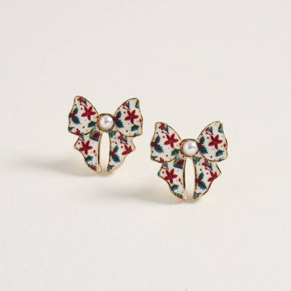 Pearl Accent Holiday Plaid Bow Stud Earrings: Green,Red