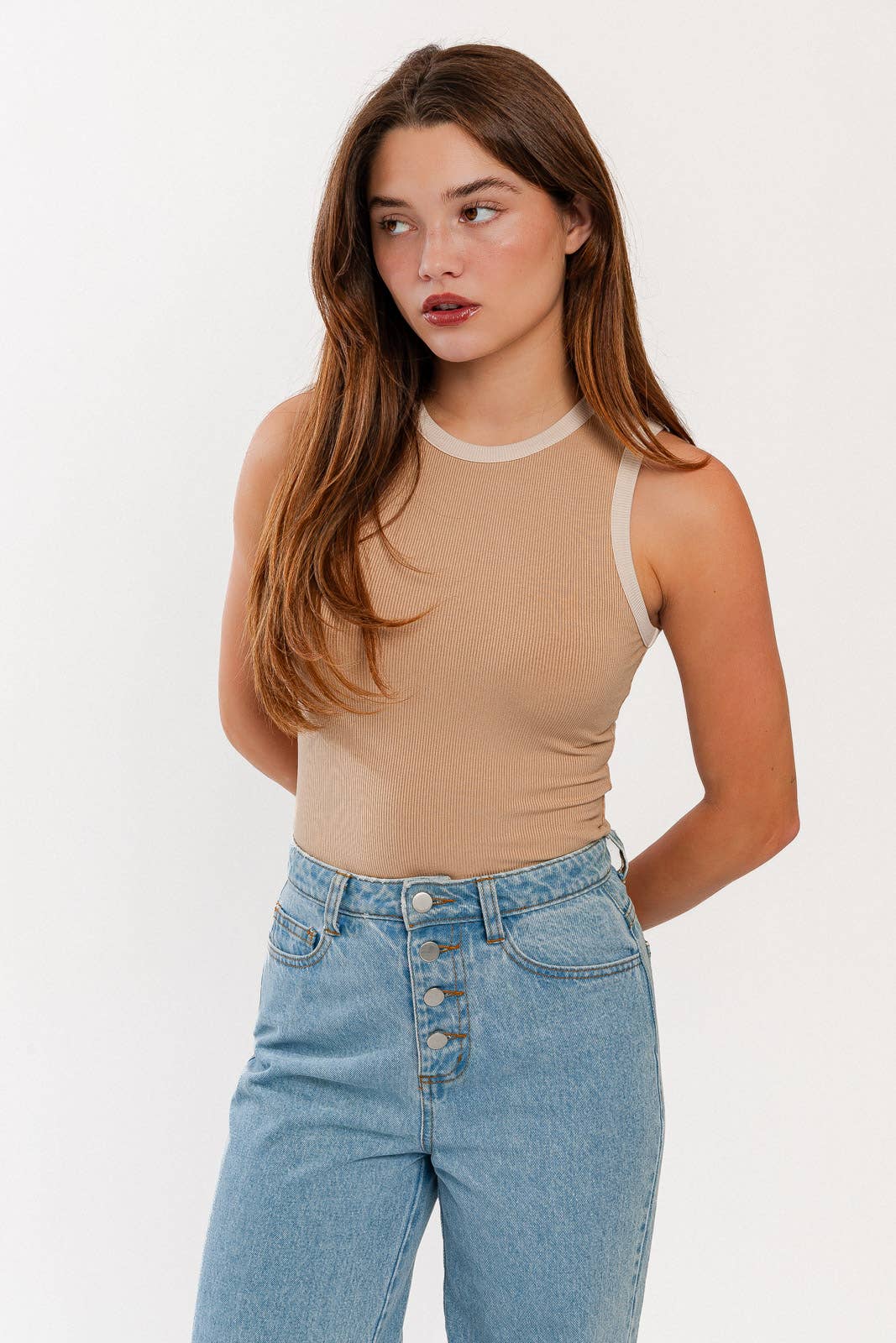 ROUND NECK SLEEVELESS RIBBED COLOR BLOCK BODYSUIT: DK GREEN-NAVY / XS