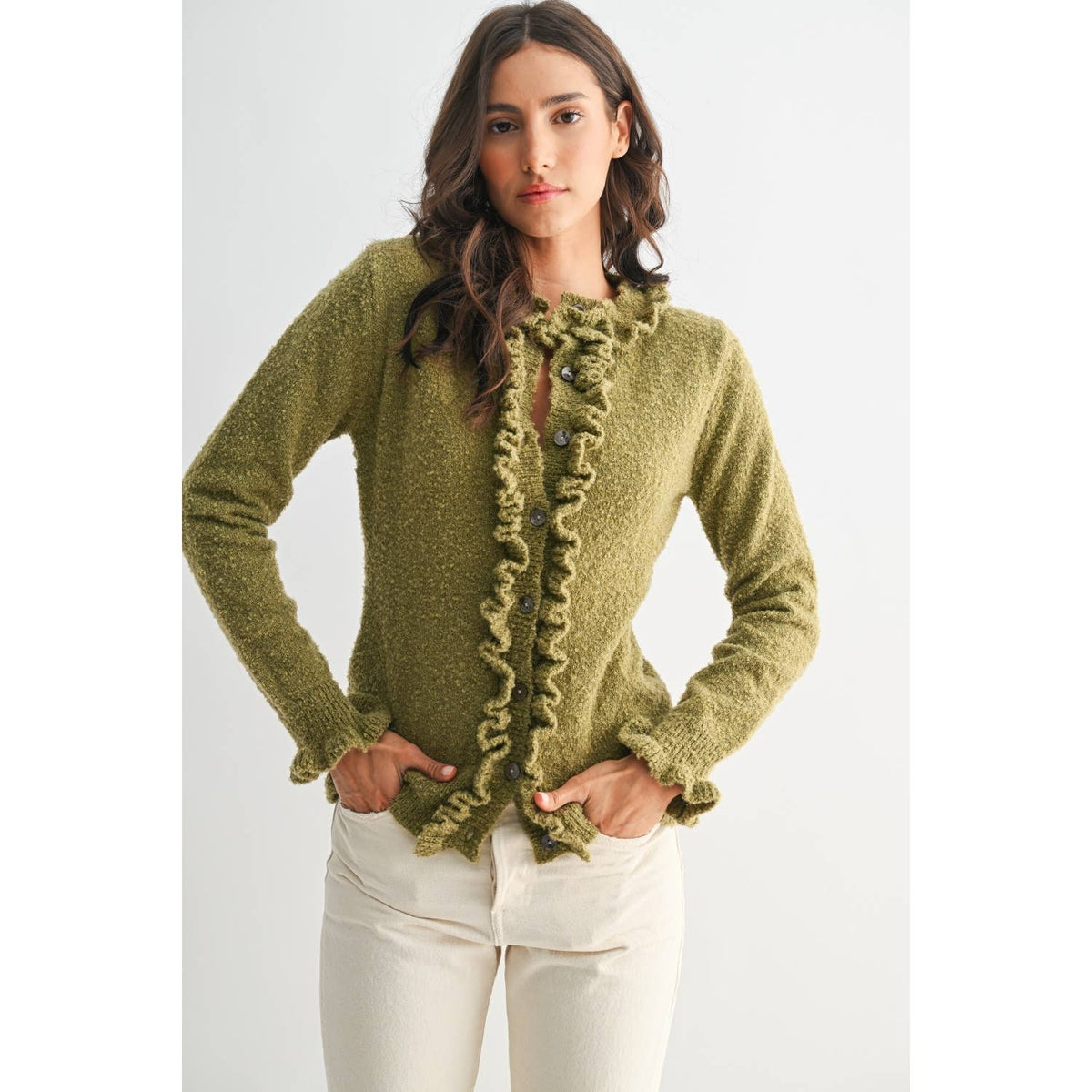 CEW26312 COZY RUFFLED-TRIMMED CARDIGAN: Burgundy / S-M-L(3-2-1)