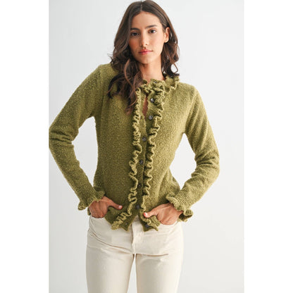 CEW26312 COZY RUFFLED-TRIMMED CARDIGAN: Burgundy / S-M-L(3-2-1)