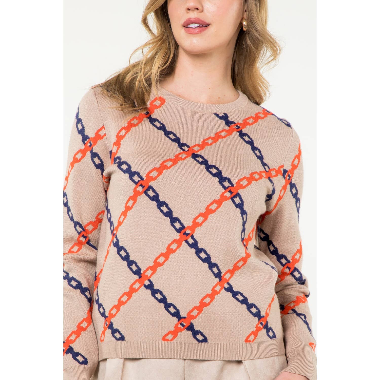 Chain Print Sweater: TAUPE / M