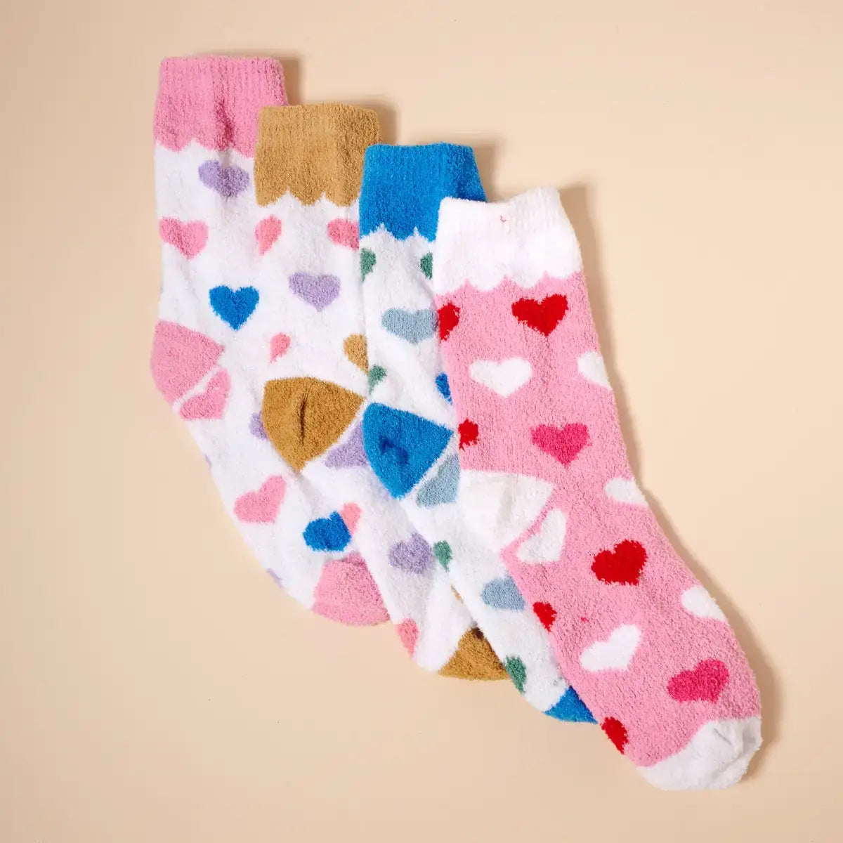 Fuzzy Heart Print Socks Gift Set – 4 Pairs for Valentine&