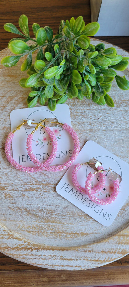 Mauve Pink Glitter Hoop Earrings: Small