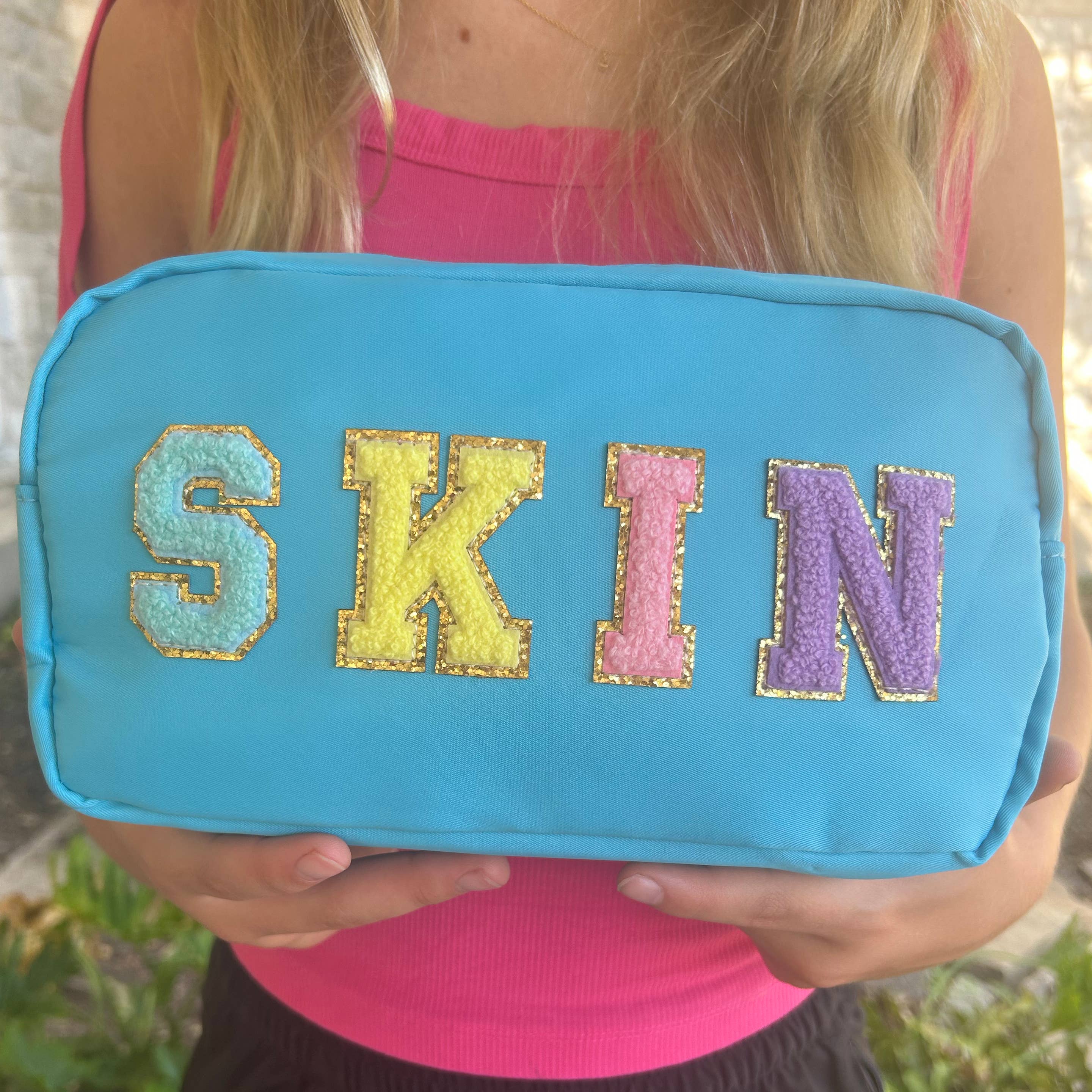 Cosmetic or Toiletry Bag with Varsity Letter Patches: Light Pink with DANCE