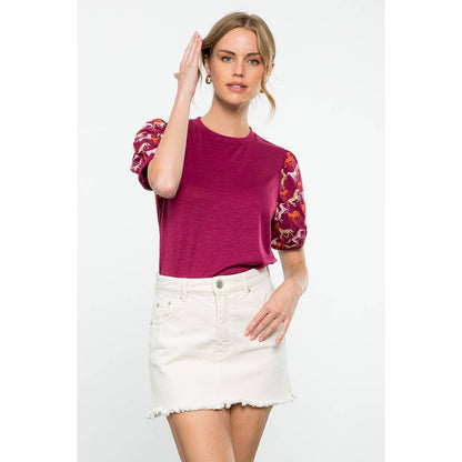 Embroidered Horse Print Top: BURGUNDY / XS-S-M-L(1-2-2-1)