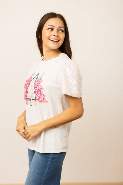 Sequin Trees on White Sequin Sleeve Top: White / M
