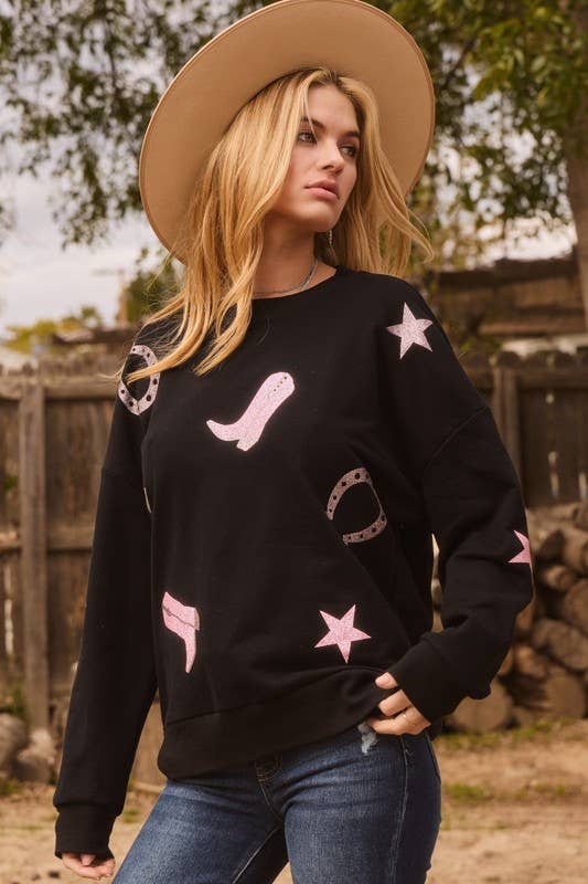 Cowboy Glitter Printed Sweatshirt: Black