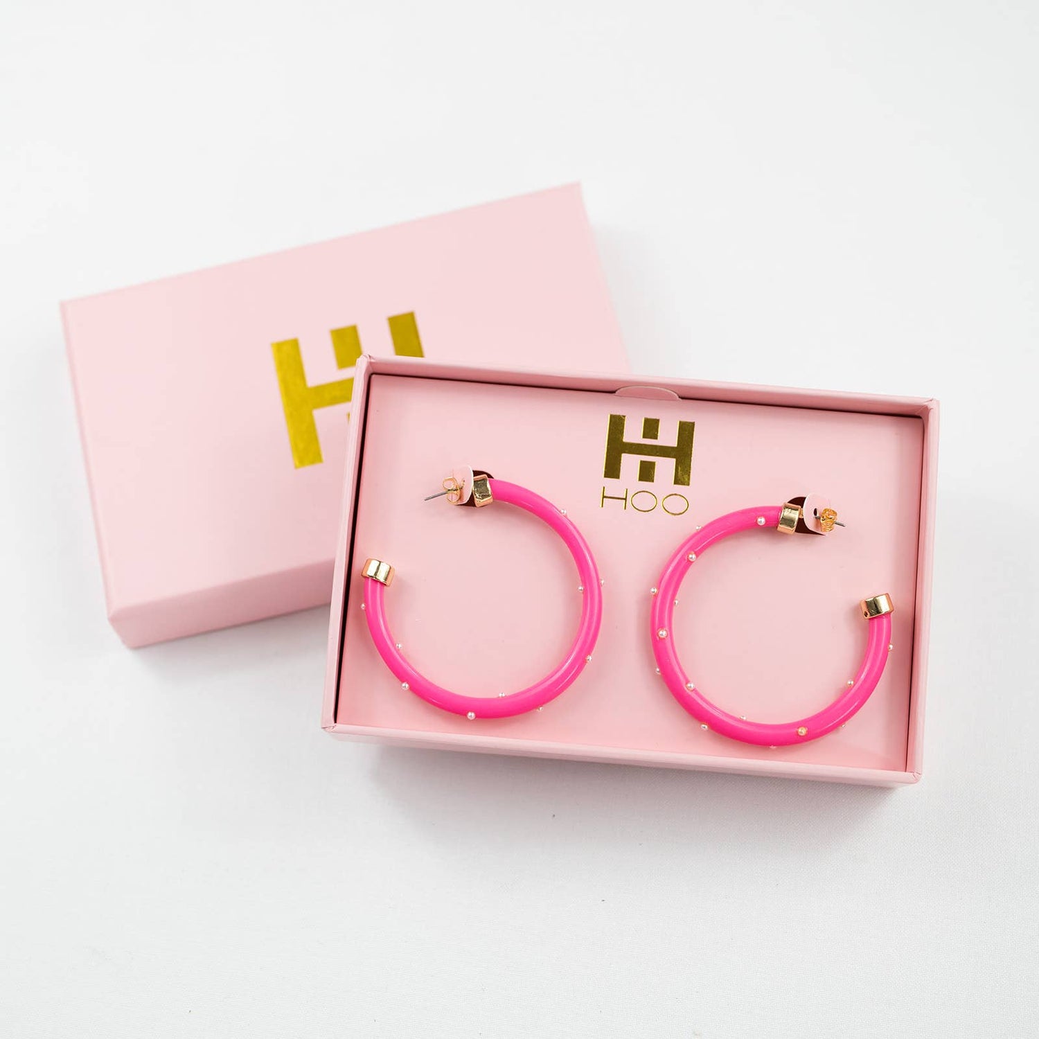 Lightweight Large Hoop Earrings - Hot Pink with Pearls