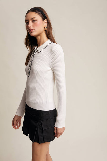 Contrast Stitch Ribbed Knit Top LSW0998: Black / M