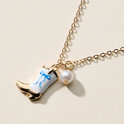 Necklace – Cowboy Boot Pendant with Printed Detail &amp; Pearl Accent: PINK