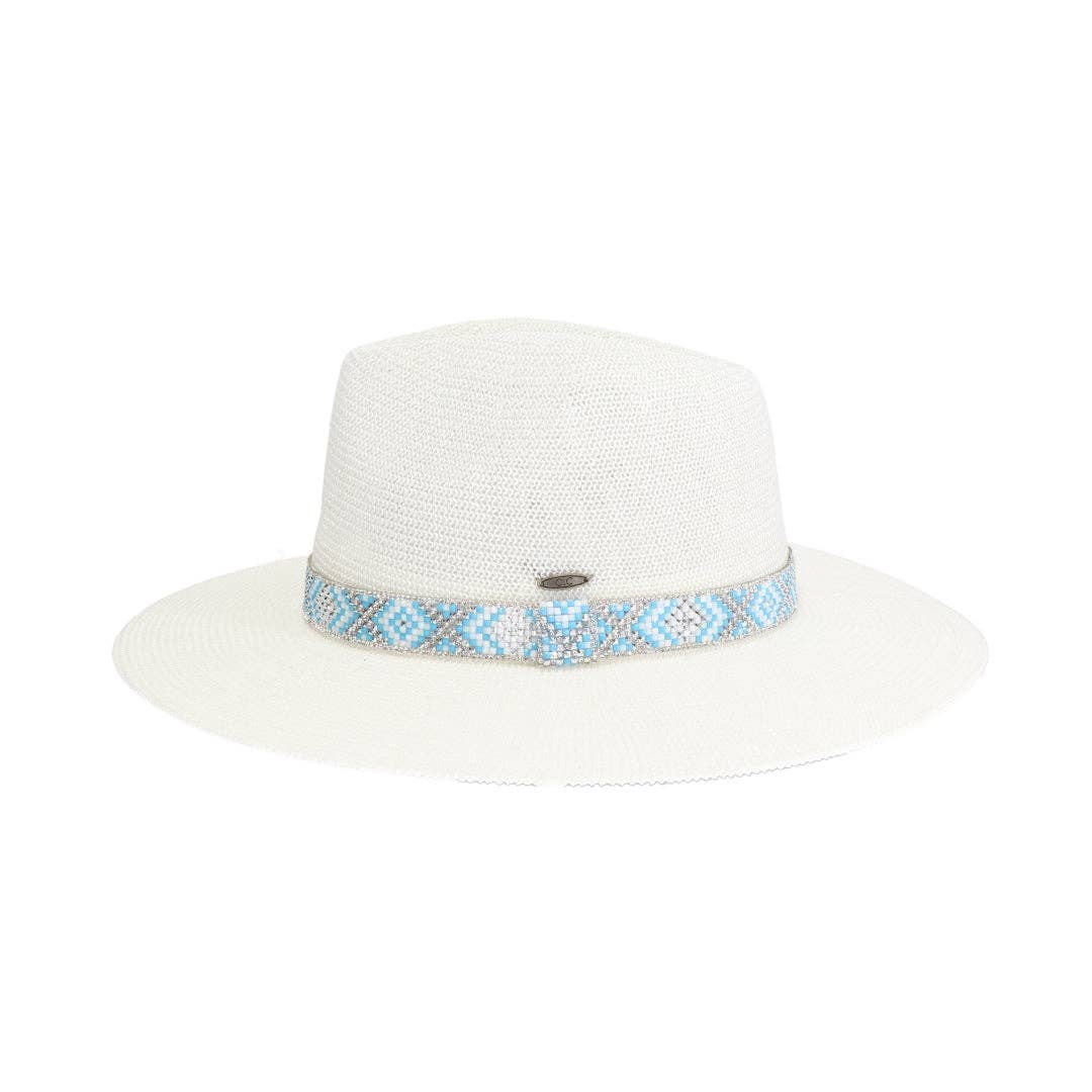 Knit Seed Bead/Rhinestone Band Panama Hat KPC0001: White