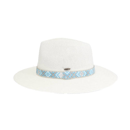 Knit Seed Bead/Rhinestone Band Panama Hat KPC0001: White