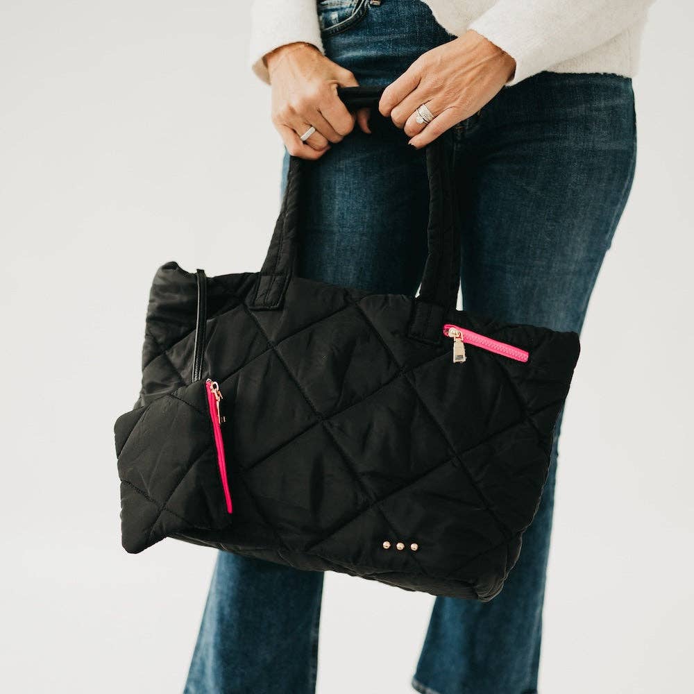 Presley Puffer Quilted Tote Bag With Pouch: Blue