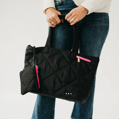 Presley Puffer Quilted Tote Bag With Pouch: Blue