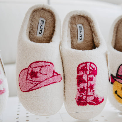 Boot and Cowgirl Hat Western Slippers: White / L/XL