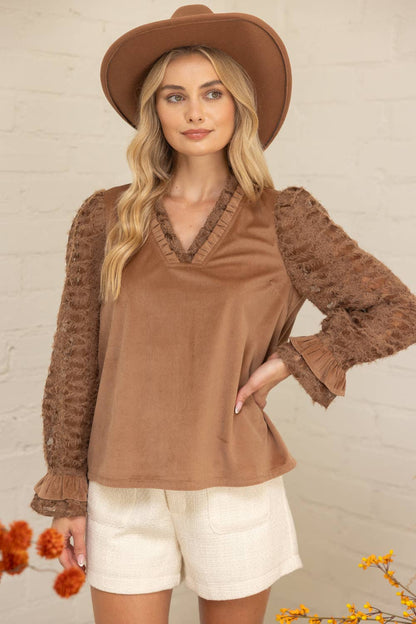 Voy Lace Long Sleeve Ruffle Detailed Corduroy Top: Brown