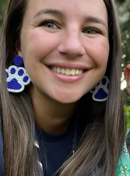 Paw Print Seed Beaded Earrings: Blue/White
