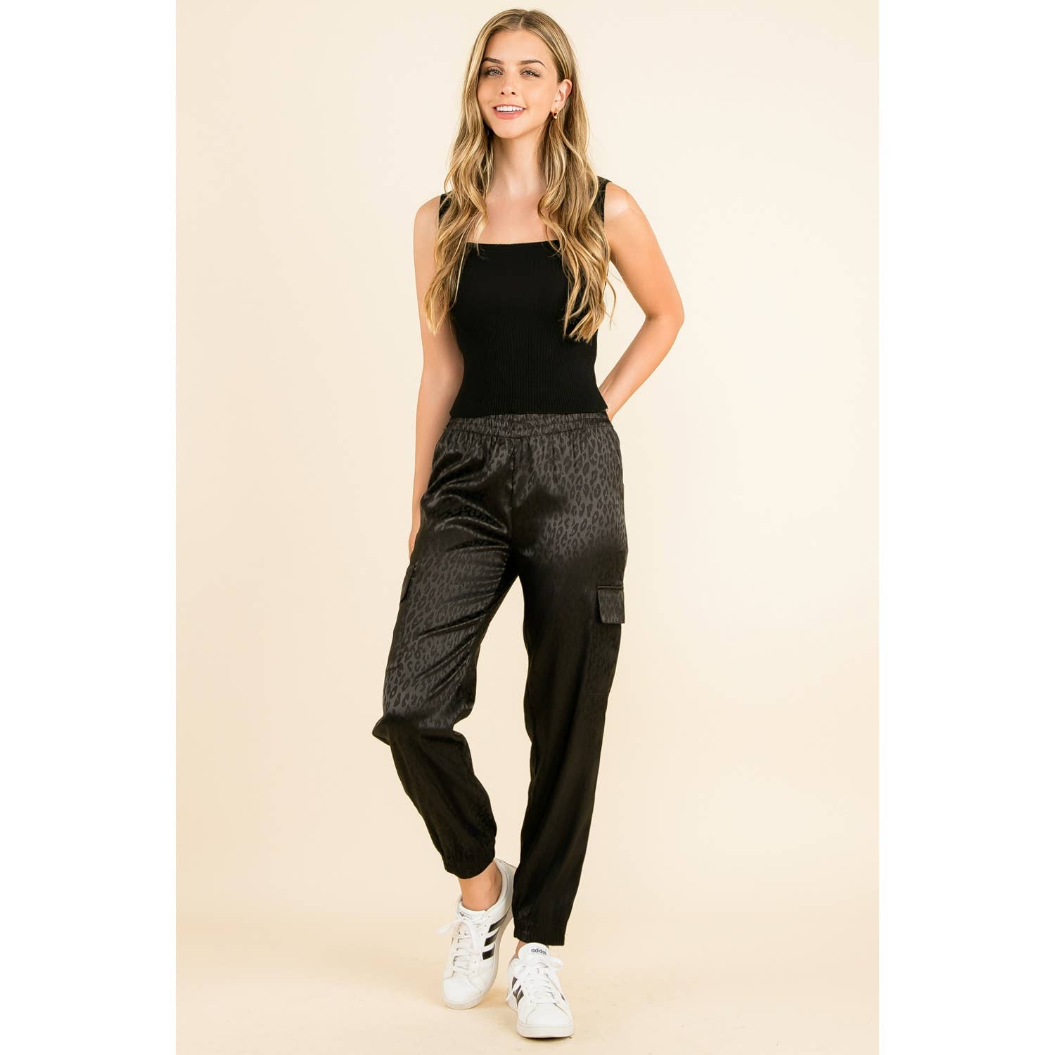 THML Black Cheetah Print Jogger Pants with Side Pockets: BLACK