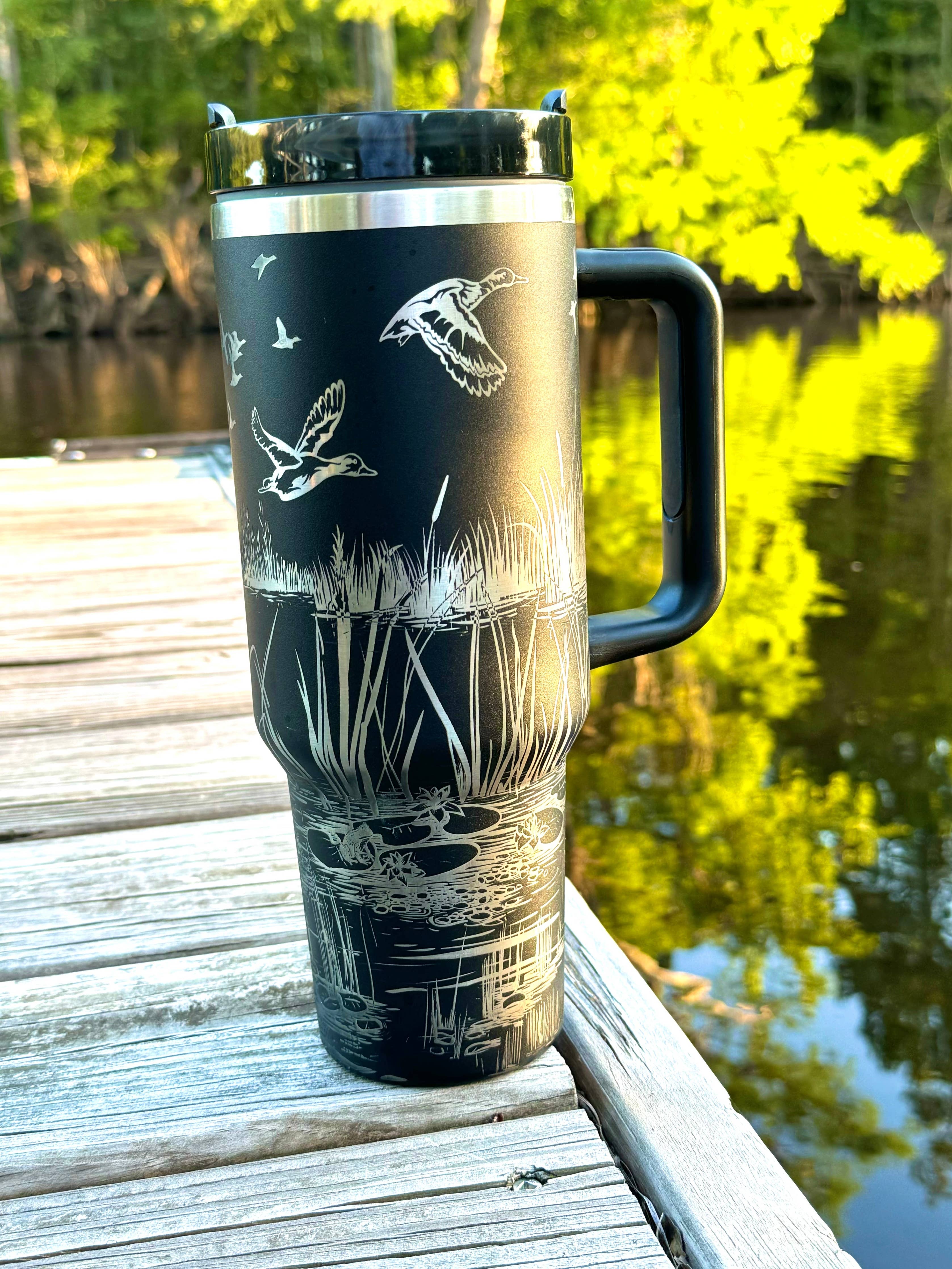 Duck Hunters paradise tumbler | Laser Engraved Wildlife Design | Hot &amp; Cold Drink Insulation | Durable Hunting Gift for Duck Hunters: Black 40 oz tumbler