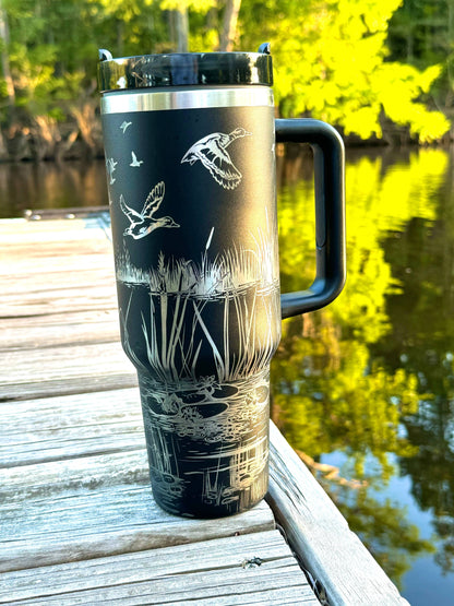 Duck Hunters paradise tumbler | Laser Engraved Wildlife Design | Hot &amp; Cold Drink Insulation | Durable Hunting Gift for Duck Hunters: Black 40 oz tumbler