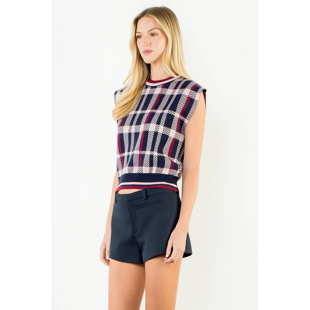 THML Plaid Knit Sweater Vest: NAVY / XS-S-M-L(1-2-2-1)