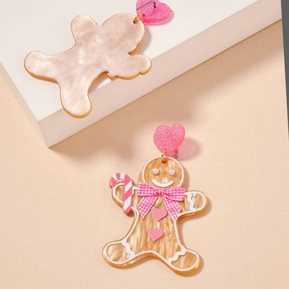 Christmas Gingerbread Man Dangling Earrings: Pink / One / 4SE31127