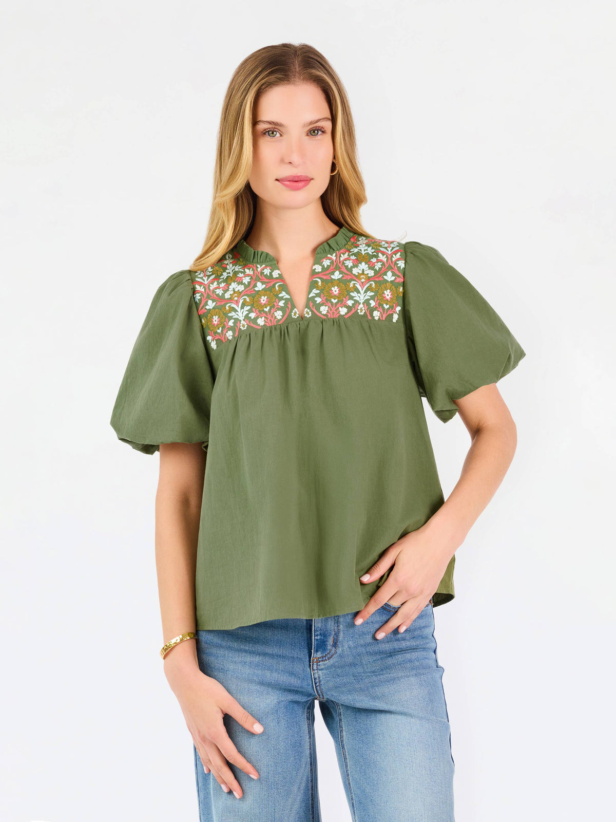 Makayla Embroidered Top | Olive: PK S-L