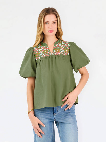 Makayla Embroidered Top | Olive: XS