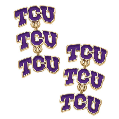 TCU Horned Frogs Triple Drop Enamel Earrings in Purple