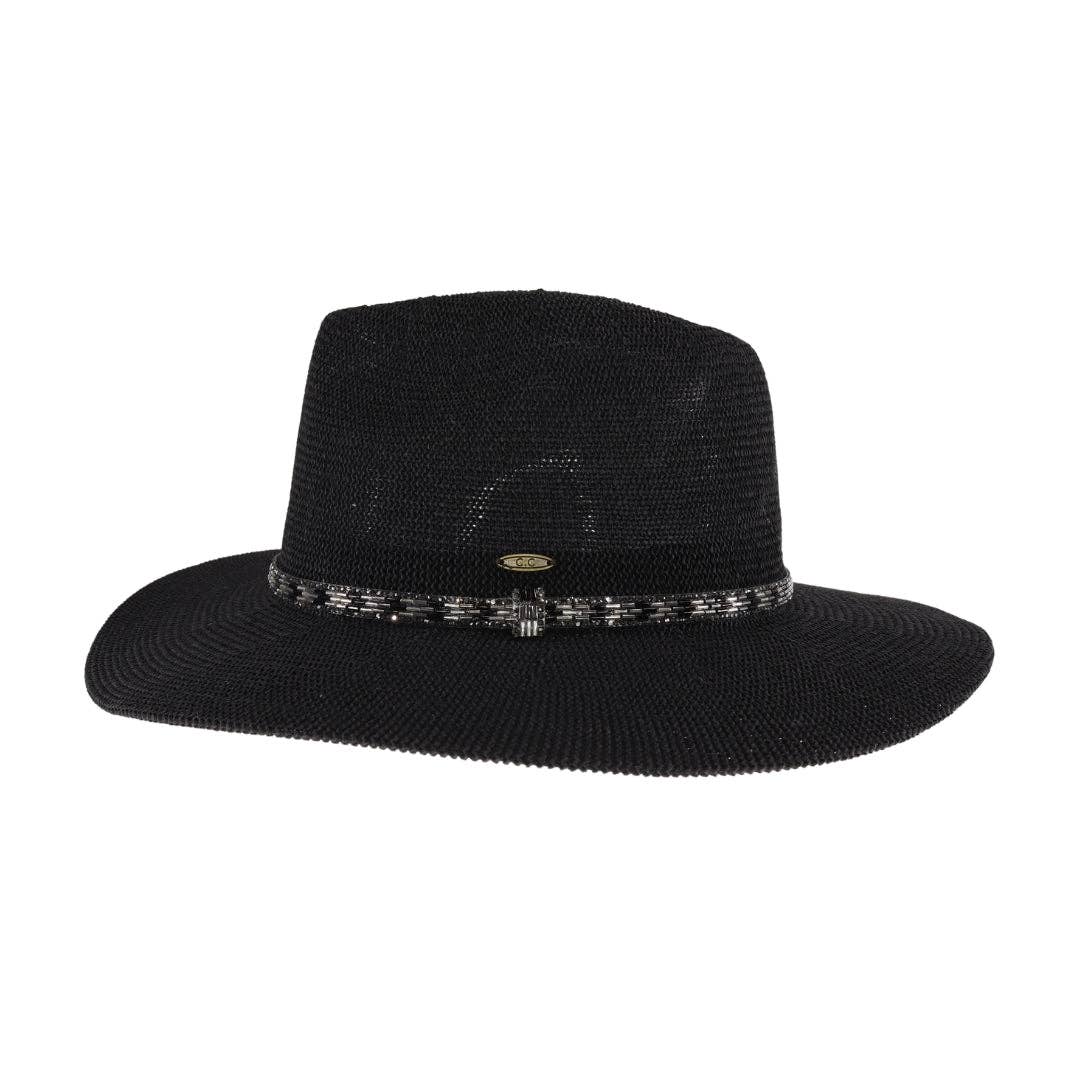 Knit Rhinestone Bugle Bead Trim C.C Panama Hat KP017: Lt. Grey