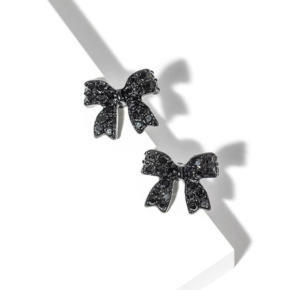 Crystal Rhinestone Bow Stud Earrings: Jet Black