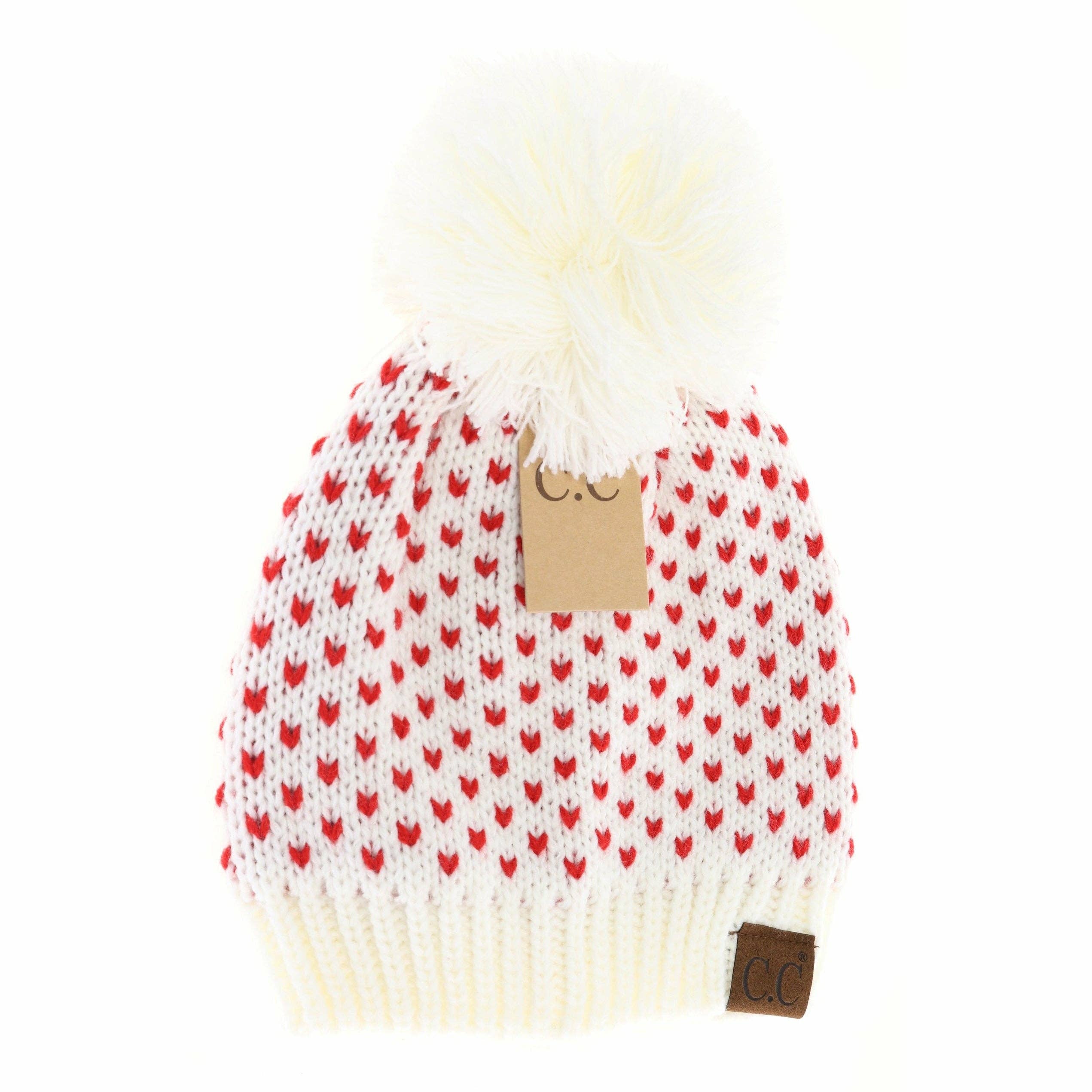 Heart Knit Pom Beanie HAT2088: Lt. Grey/Ivory