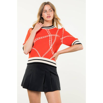 THML Short Sleeve Knit Top: BLACK WITH PINK TRIM / XS