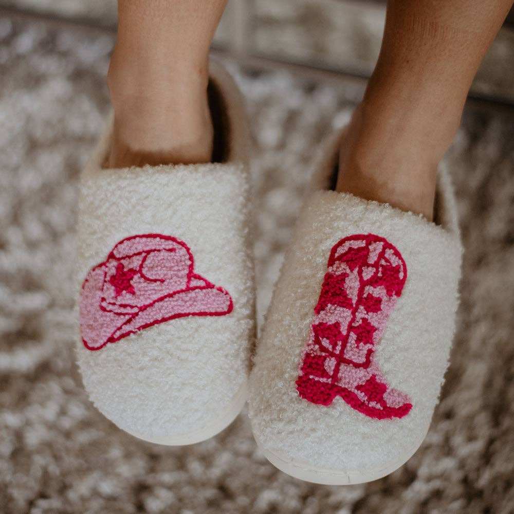 Boot and Cowgirl Hat Western Slippers: White / S/M KATYDID