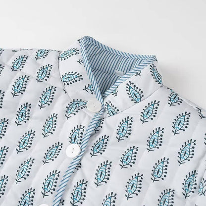 Stylish Reversible Flowers Quilted Jacket: Blue