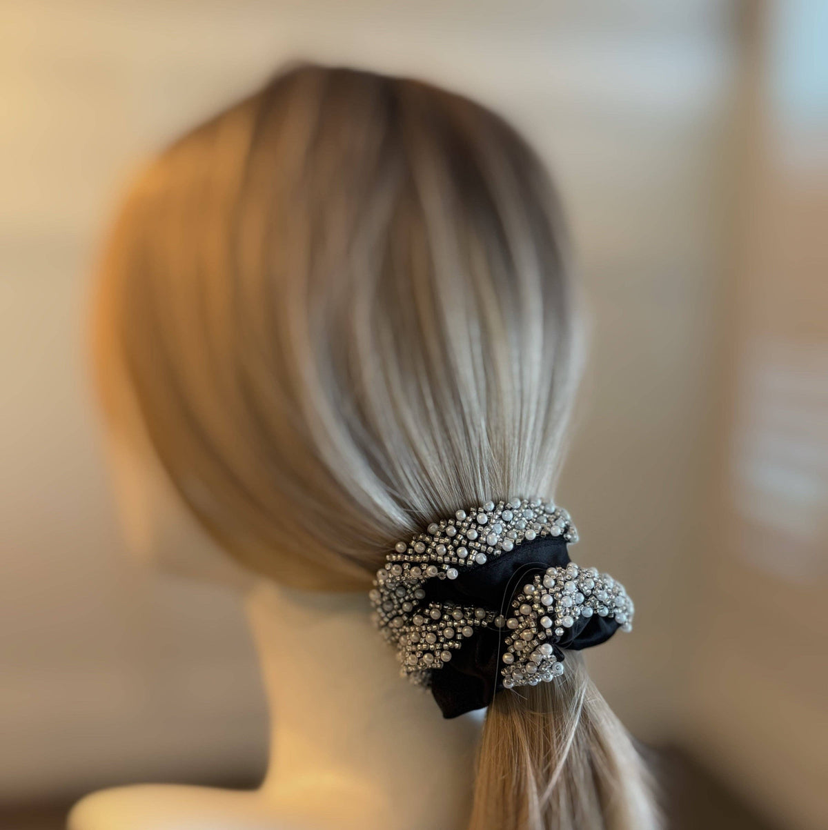 Pearls And Beads Satin Hair Scrunch: Black