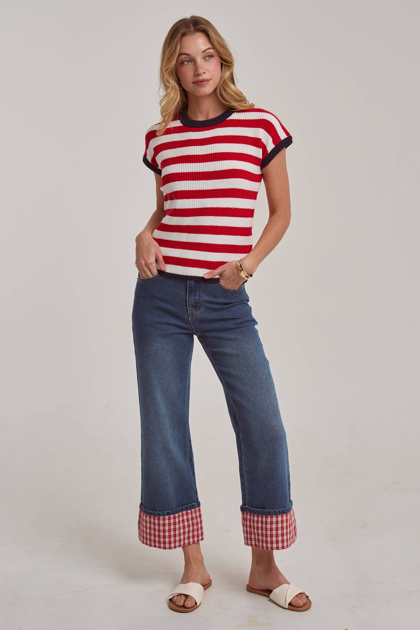 STRAIGHT LEG JEANS WITH GINGHAM CHECK CUFF HEM by BON: DENIM/RED CHECK